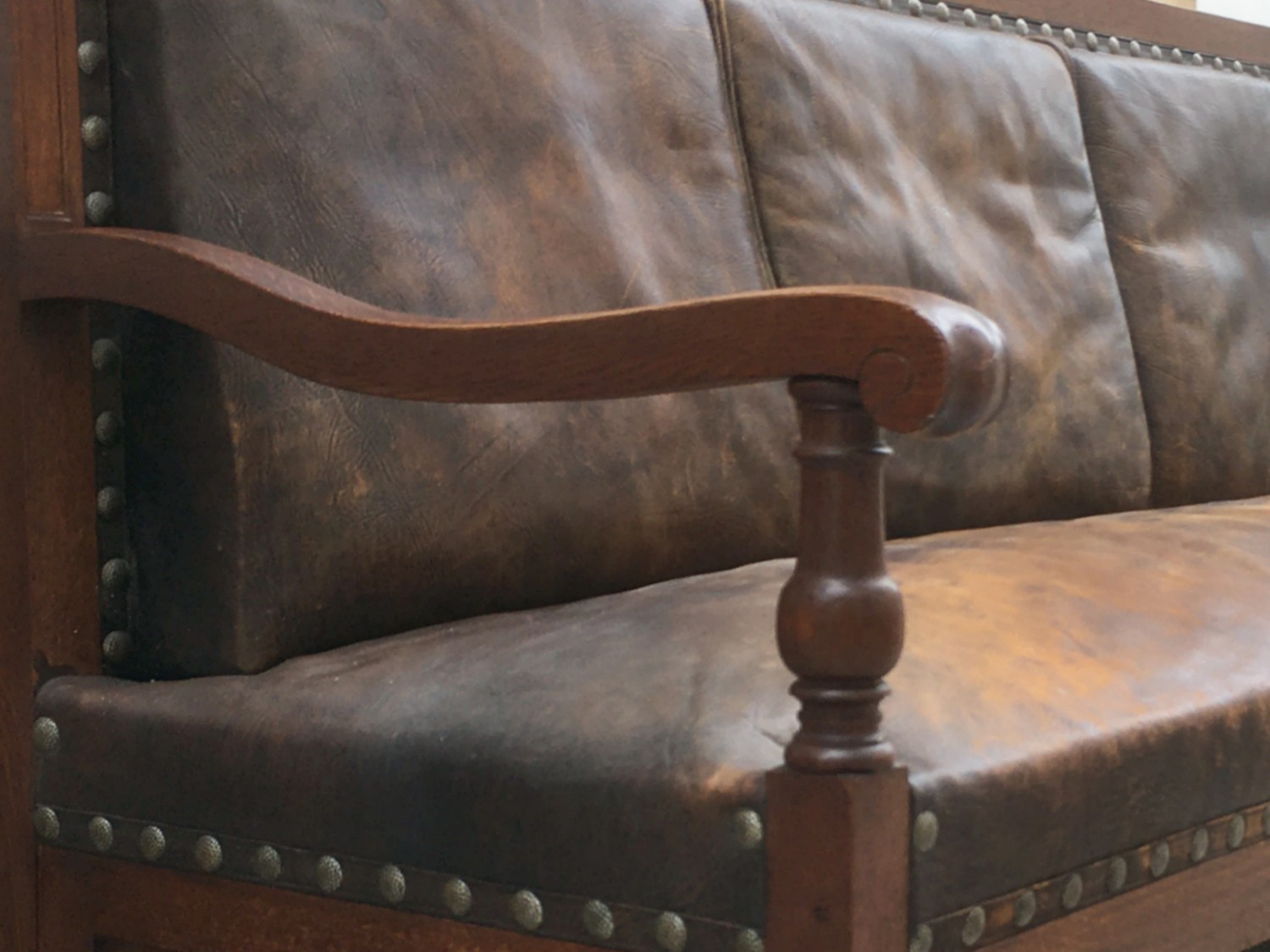 Jugendstil Sitzbank Sofa groß Eiche massiv Leder braun antik