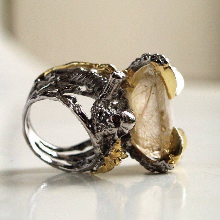 Totenkopf Ring 925 Silber Rutilquarz Edelstein Skelett handgefertigt
