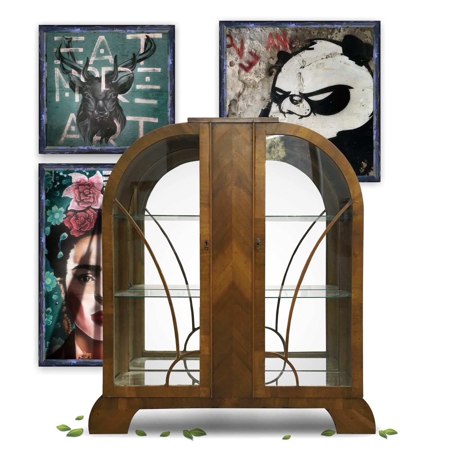 antike ArtDeco Vitrine Rundbau Vollholz Spiegel Rückwand Gläservitrine antik Möbel Vintage shop kaufen verspiegelte Rückwand