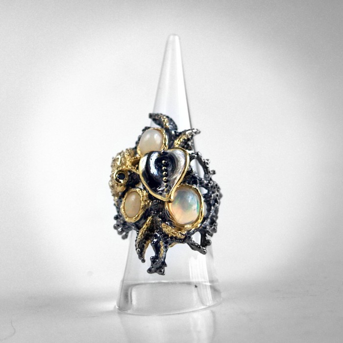 Ring 925 Silber Edelstein Opal Saphir Märchenwald handgefertigt Einzelstück