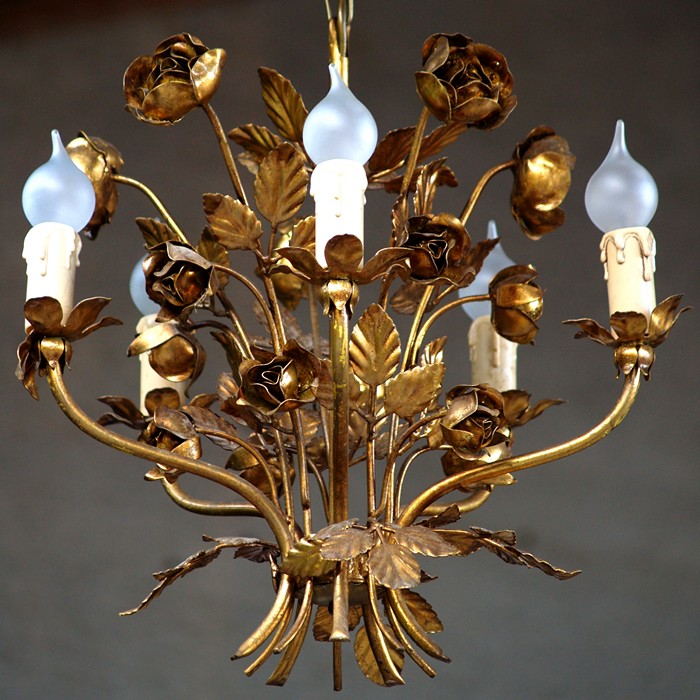 Zauberhafter Luster goldfarben Rosenblüten Blätter Hängelampe Luster goldfarben