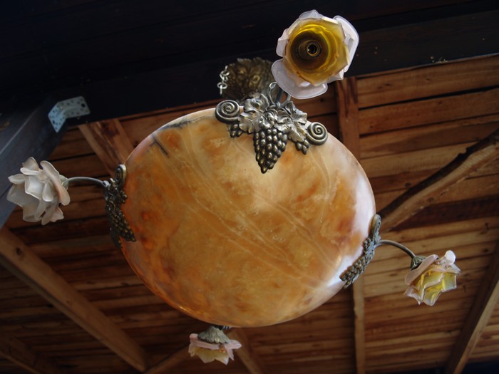 Antike Lampe Vintage Kronleuchter Antiquität Glasblumen Messing Blumen