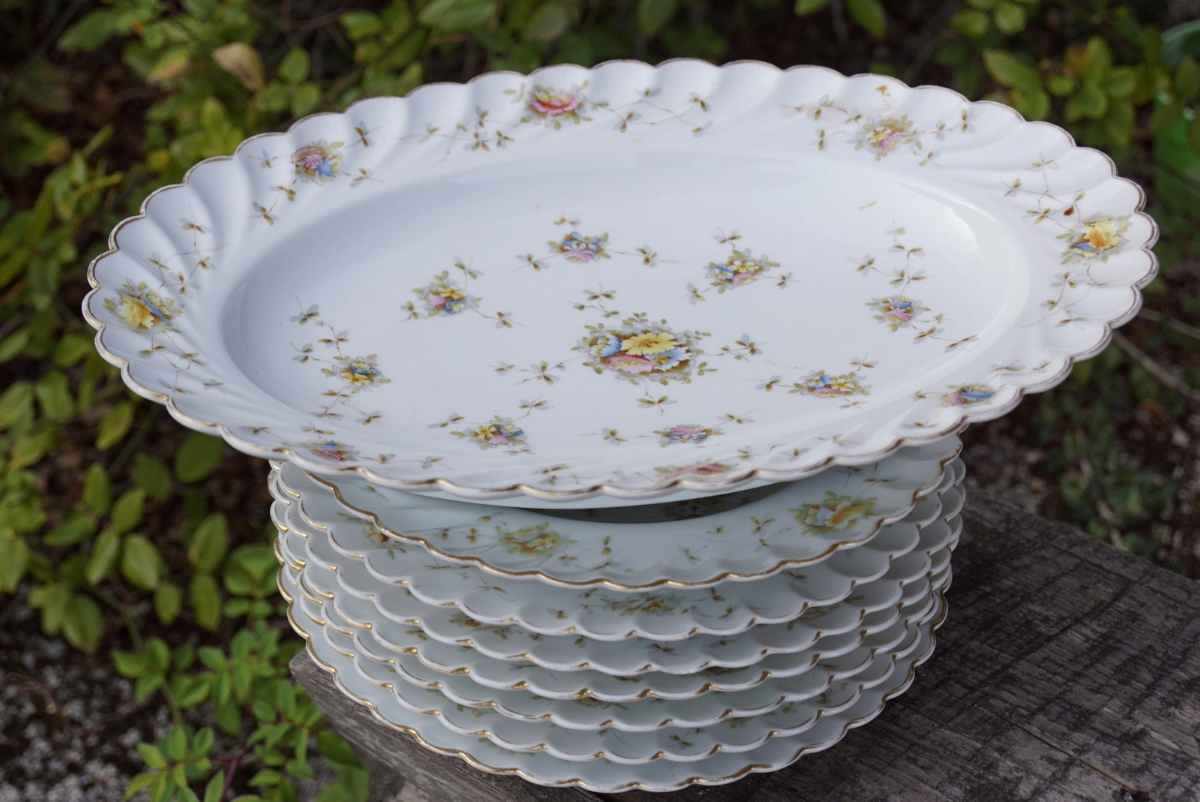 antikes Porzellan Komplettset blümchen gold eckig antikes Geschirr Shabby chic Vintage Jugendstil Teller Terrinne Sauciere