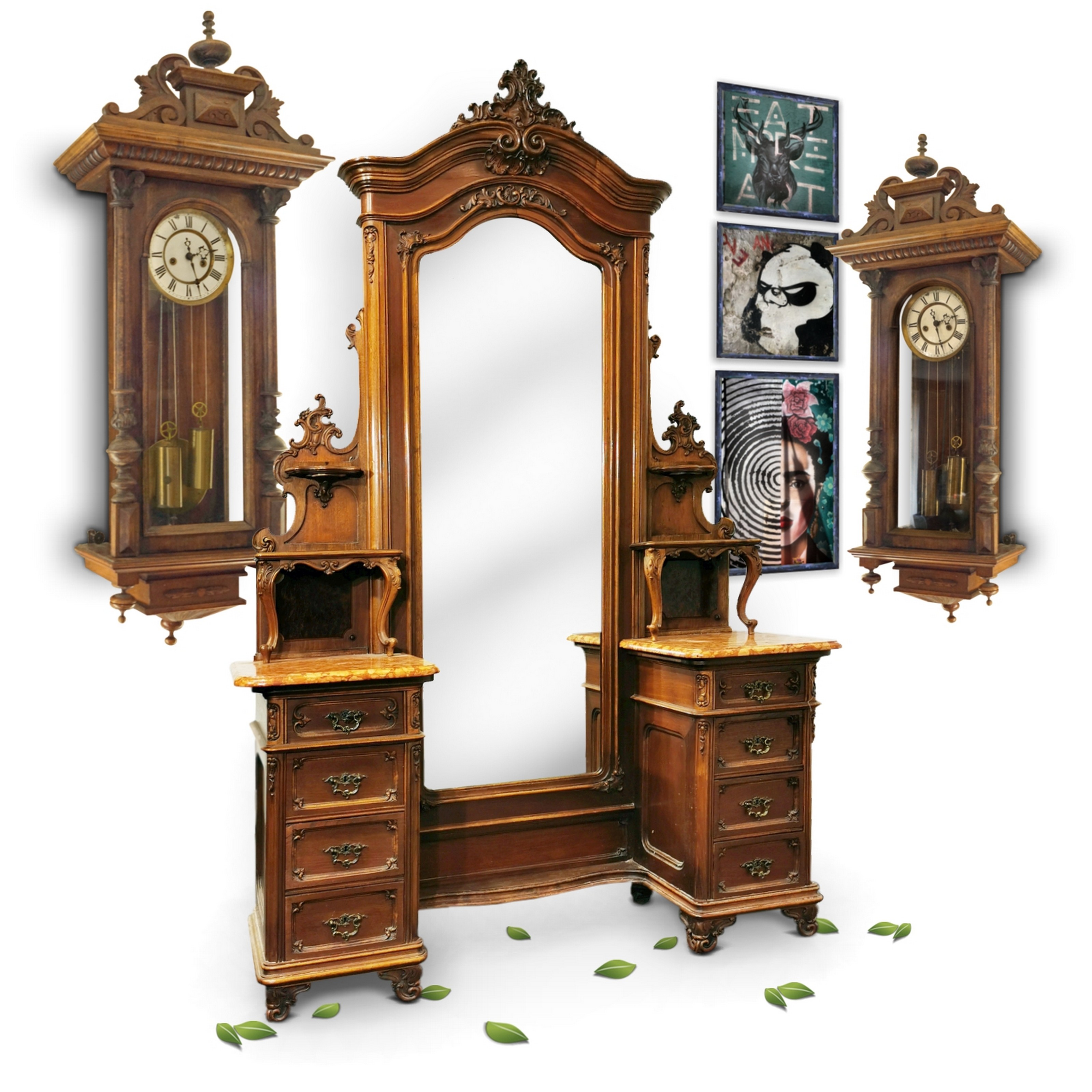 Garderobeschrank antik Wiener Pfeifenbarock 1870 Möbel mit großem Spiegel und Marmorplatte