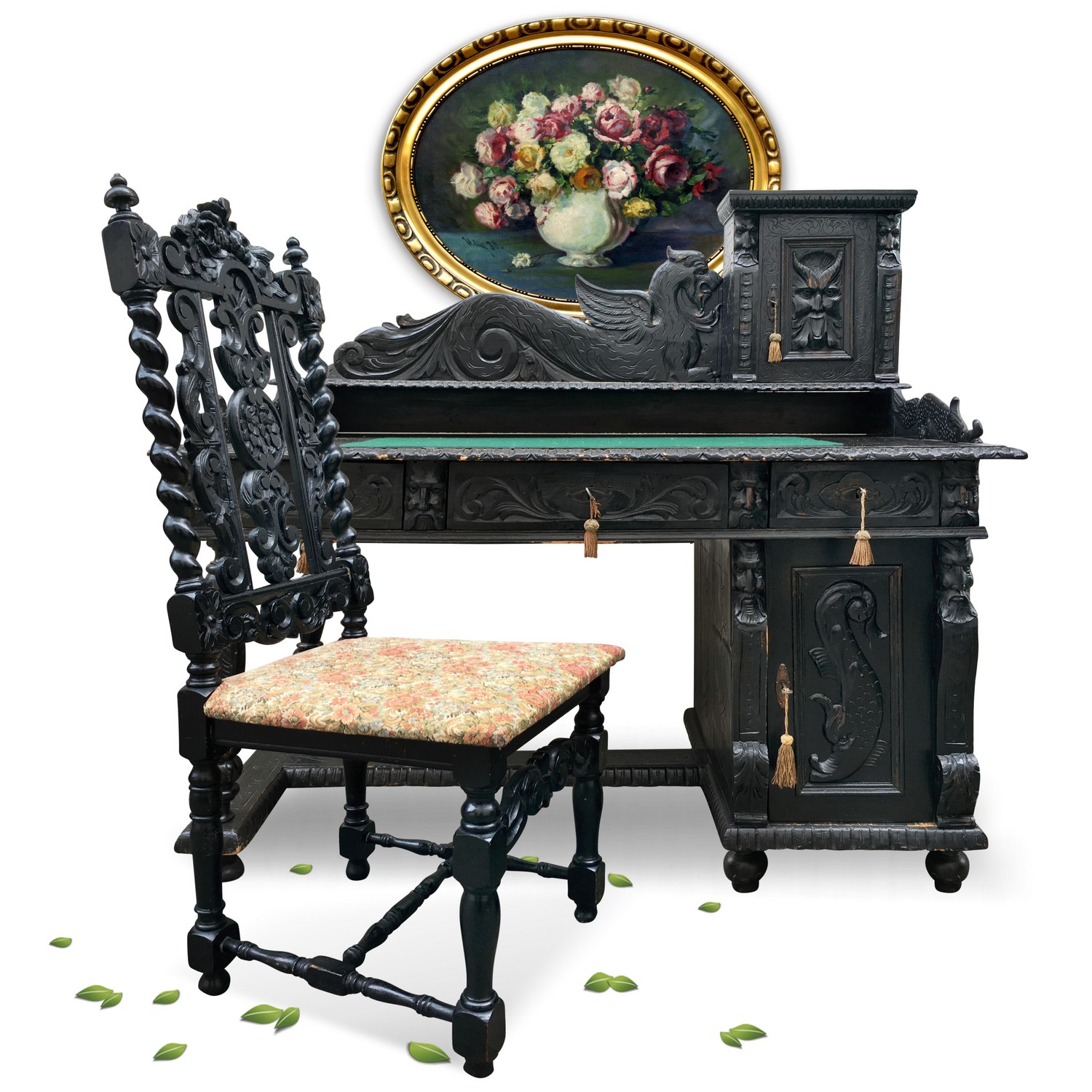 Sessel antik Vollholz Säulen noir Jagdstuhl beschnitzter Stuhl Sessel antik Vollholz Säulen noir Jagdstuhl beschnitzter Stuhl NeoRenaissance