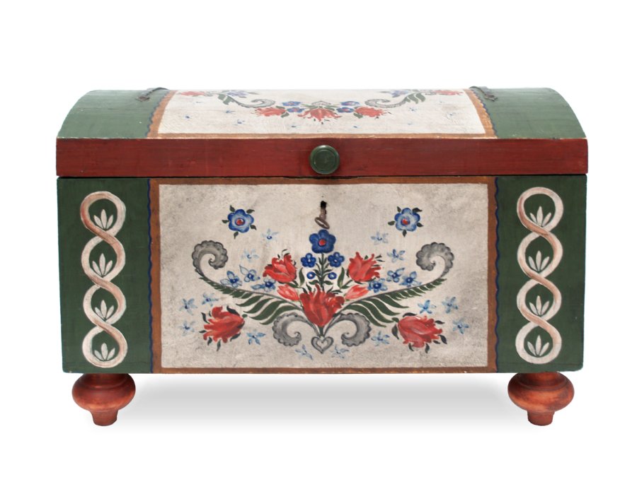 Bauerntruhe antike Bauernmöbel Vollholz bemalt grün creme um 1860 Bauerntruhe Truhe handbemalt