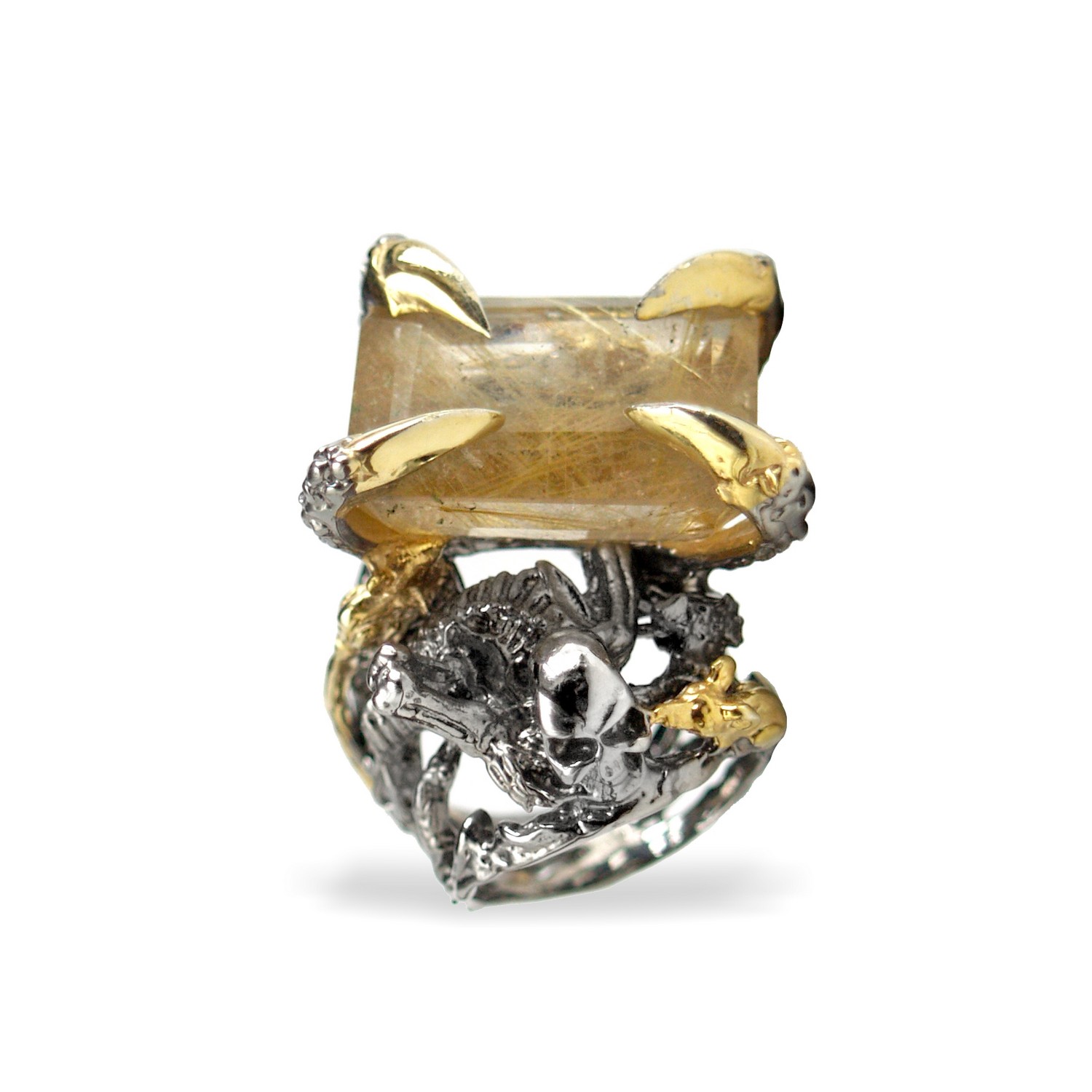 Totenkopf Ring 925 Silber Rutilquarz Edelstein Skelett handgefertigt