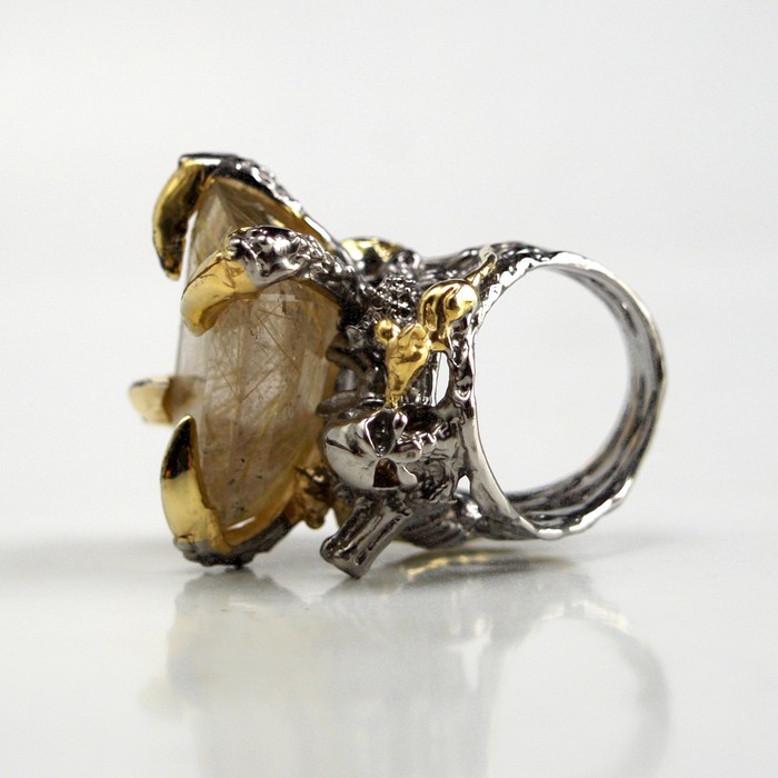 Totenkopf Ring 925 Silber Rutilquarz Edelstein Skelett handgefertigt