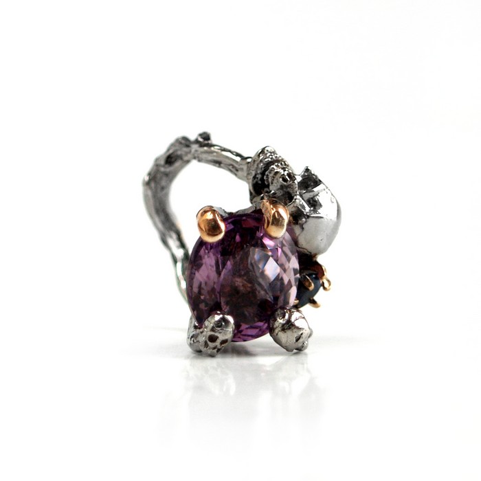 Ring Totenkopf 925 Silber Edelsteine Amethyst