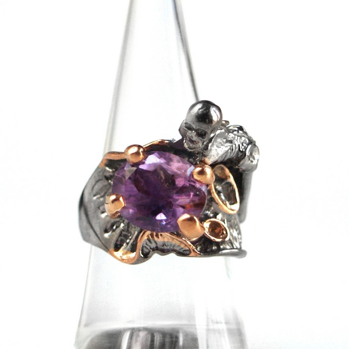 Ring Silber Skelett Amethyst 925 Edelsteine handgefertigt Juweliersarbeit Totenkopf