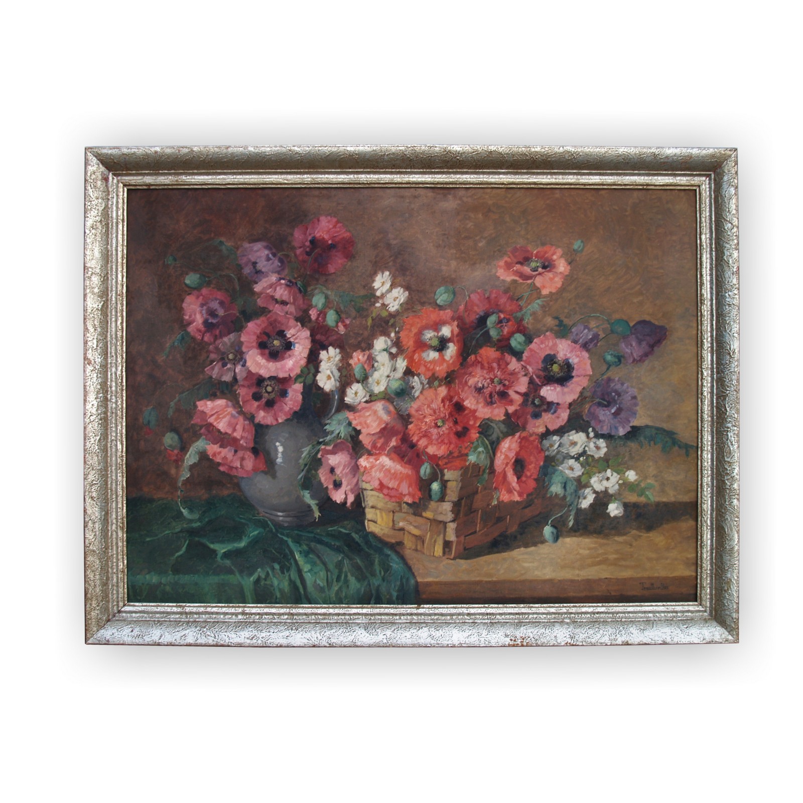 Ölbild großes Stilleben Blumen 112 x 84 cm "Mohnblumen" mit Bilderrahmen Ölbild großes Stilleben Blumen Malerei 112 x 84 cm "Mohnblumen" Vintage silberner Vollholz Bilderrahmen