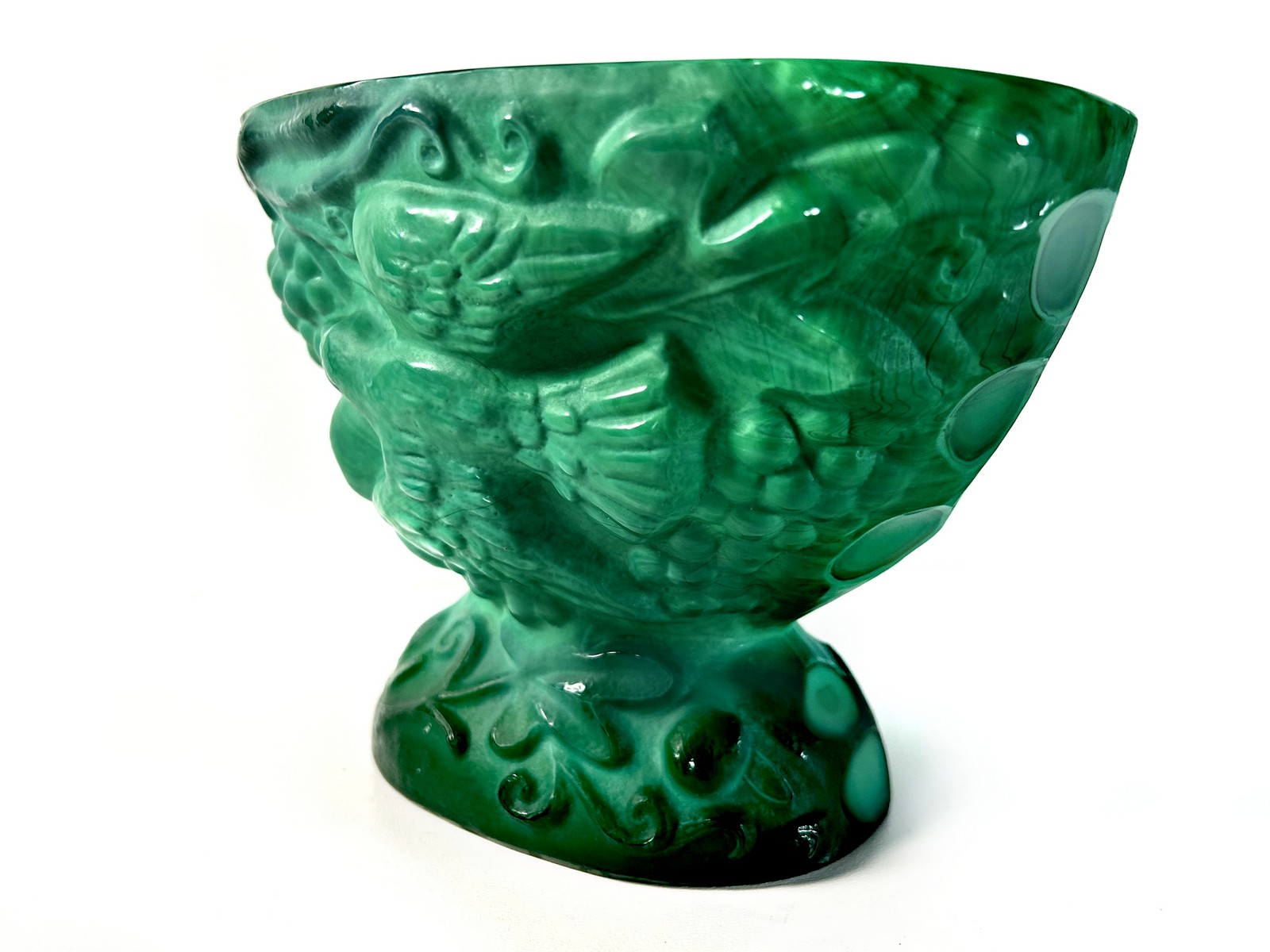 antike Schale Malachitglas schwer Frantisek Halama Vögel ca. 1930