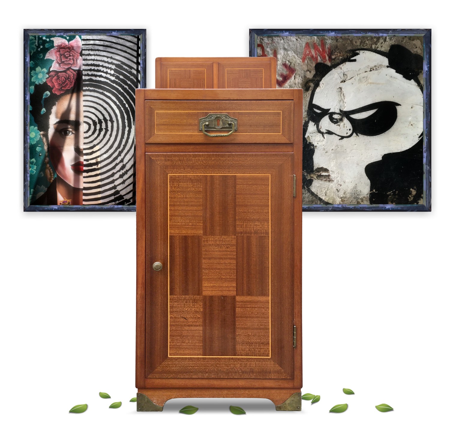 Nachtschrank Kommode mit Aufsatz Jugendstil Würfelfurnier antik, elegant, edel Nachtschrank Kommode Aufsatz Jugendstil Würfelfurnier antik