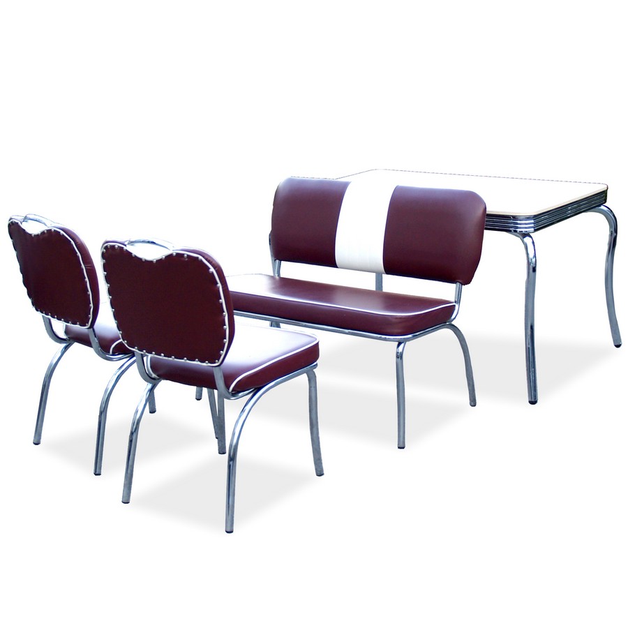 American Diner Stil Essgruppe Tisch Bank Sessel Stühle f. 4 Personen stylisch Retro rot Chrom American Diner Essgruppe