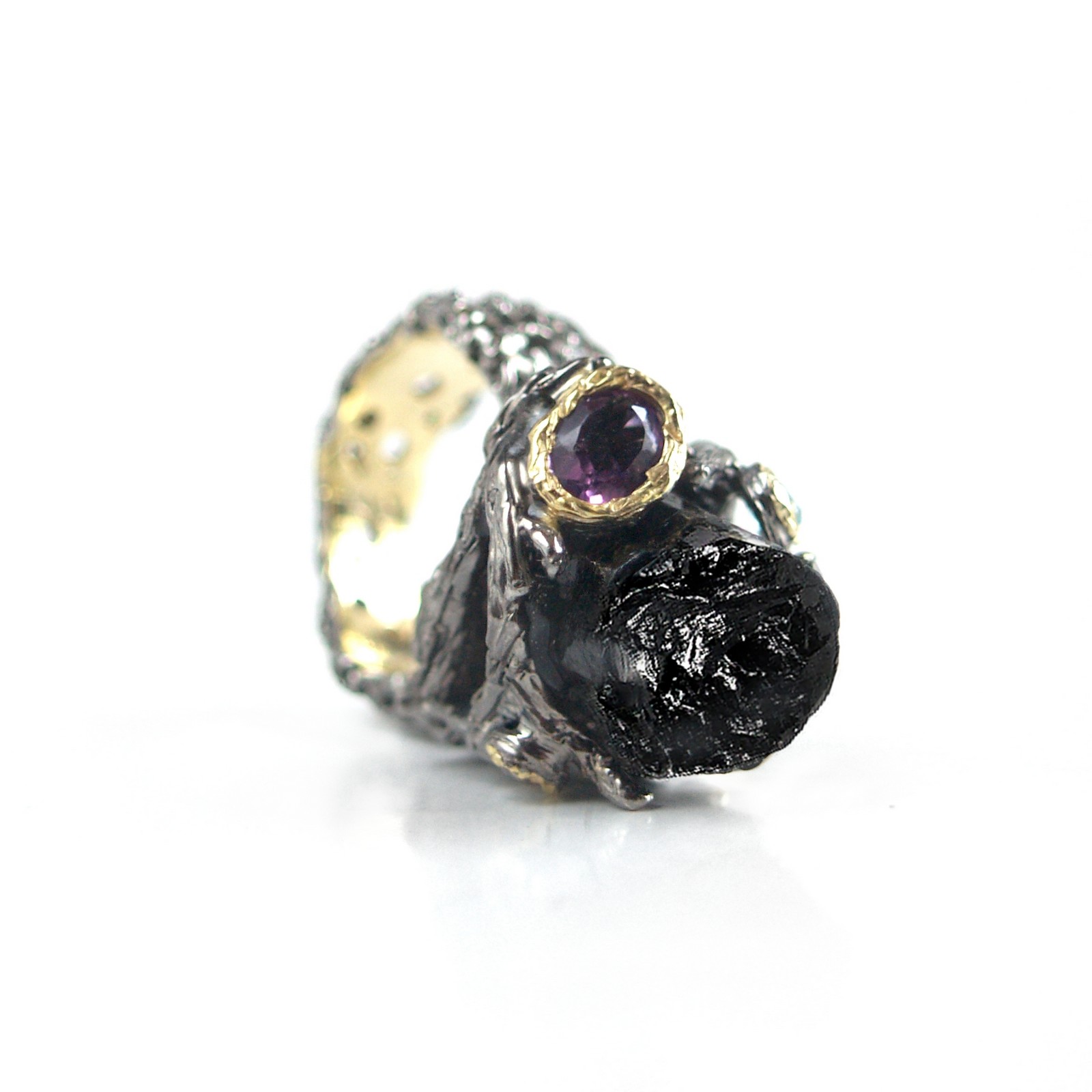 Ring 925 Silber Edelsteine schwarzer Turmalin Topas Amethyst