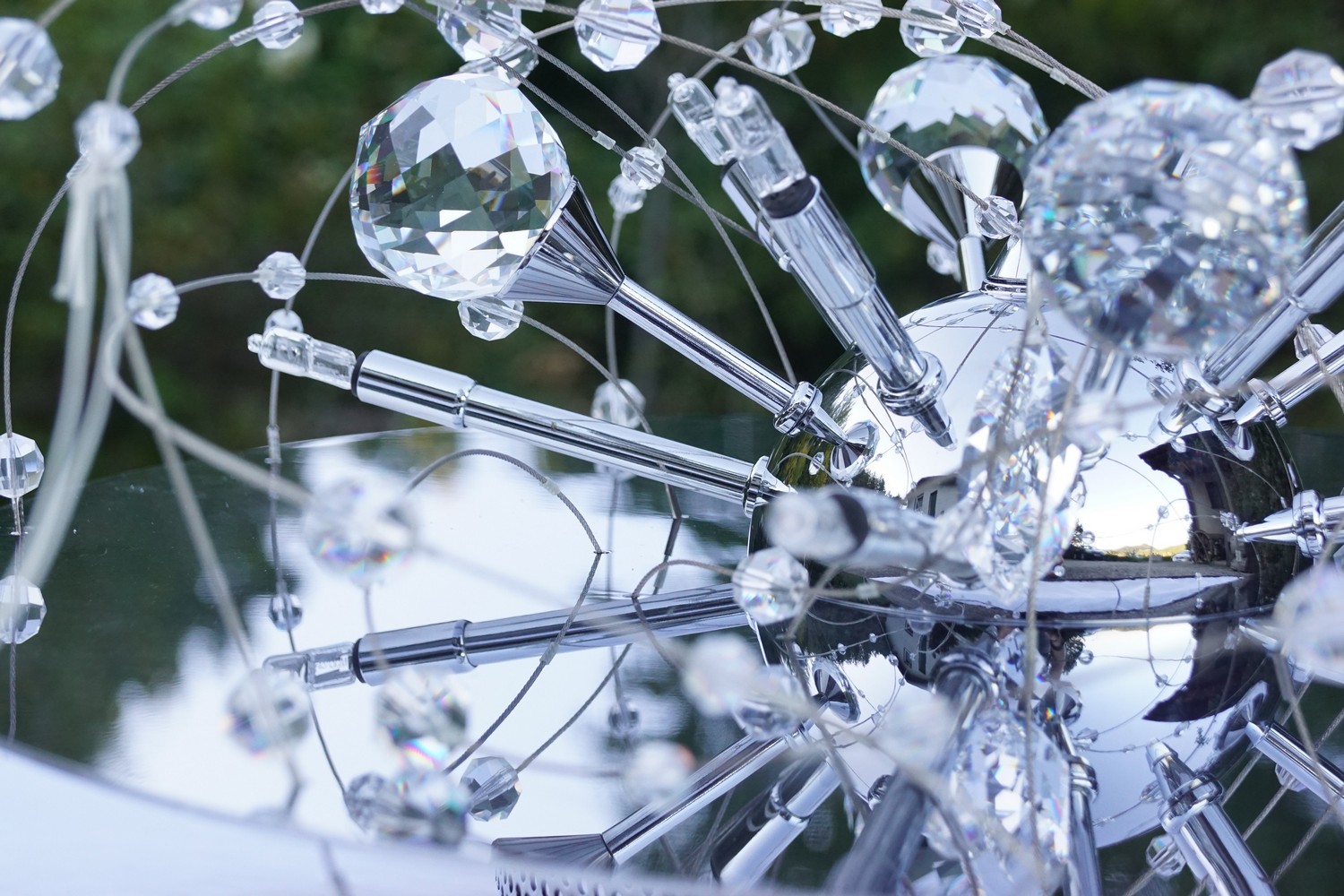 Luster Orion Wien Hängelampe funklender Bleikristall Leuchter Chrom "Uranus" Spaceage Sputnik chrom Lamp Design