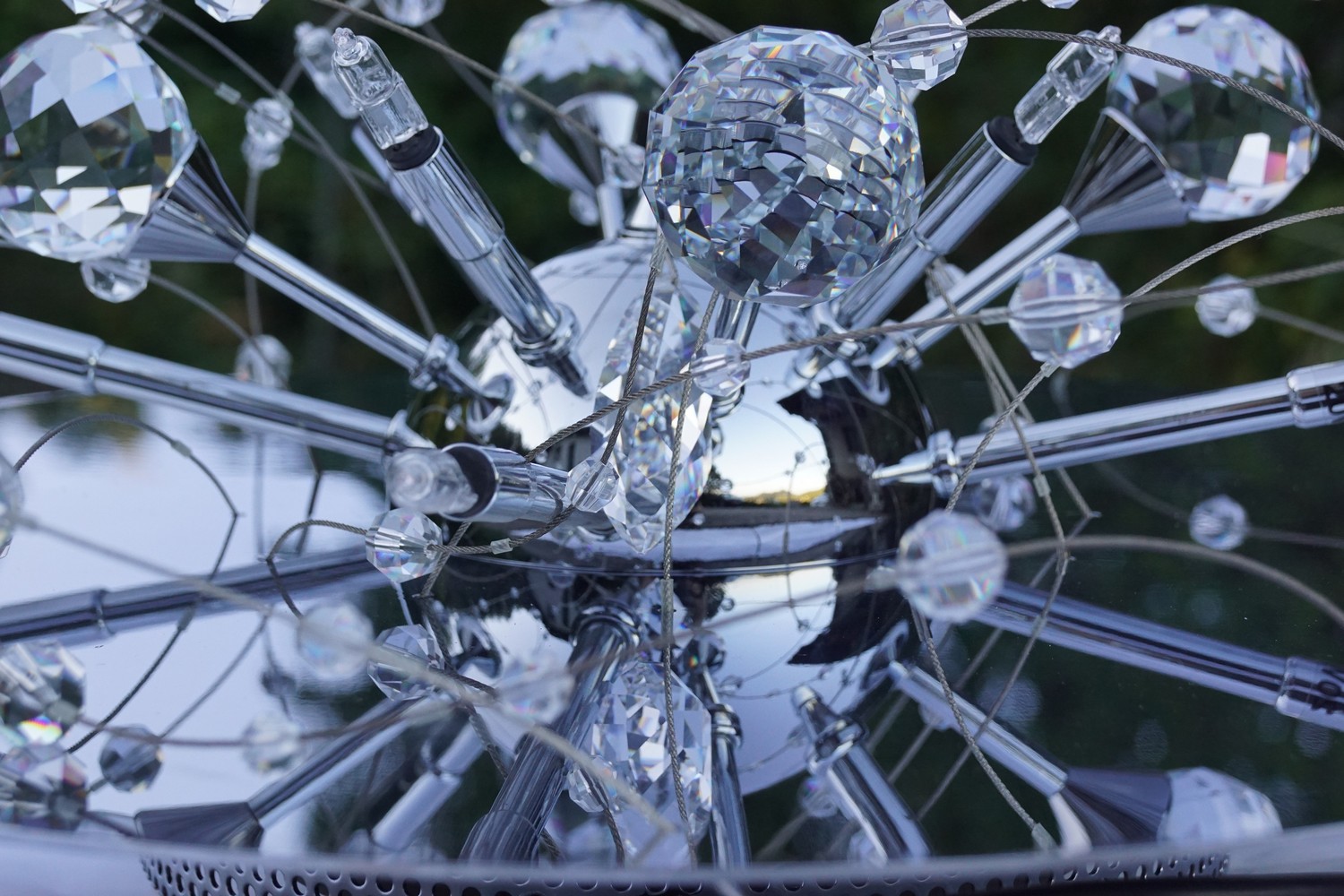 Luster Orion Wien Hängelampe funklender Bleikristall Leuchter Chrom "Uranus" Spaceage Sputnik chrom Lamp Design