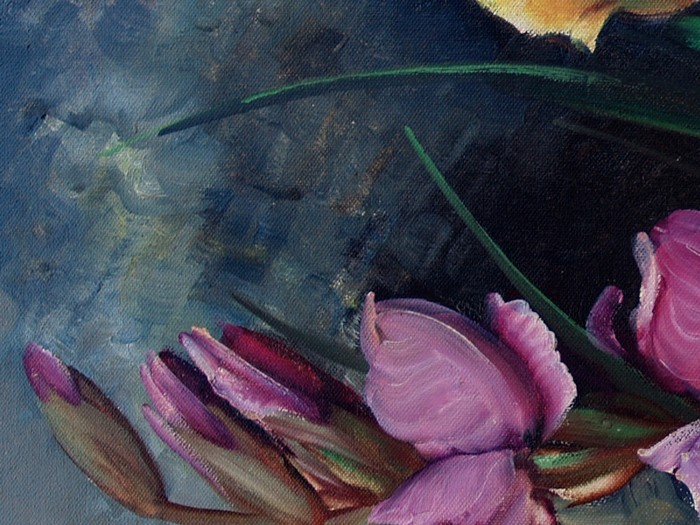 Ölbild vintage STilleben Blumen rosen gladiolen Öl auf Leinen antik rosa gelb grau