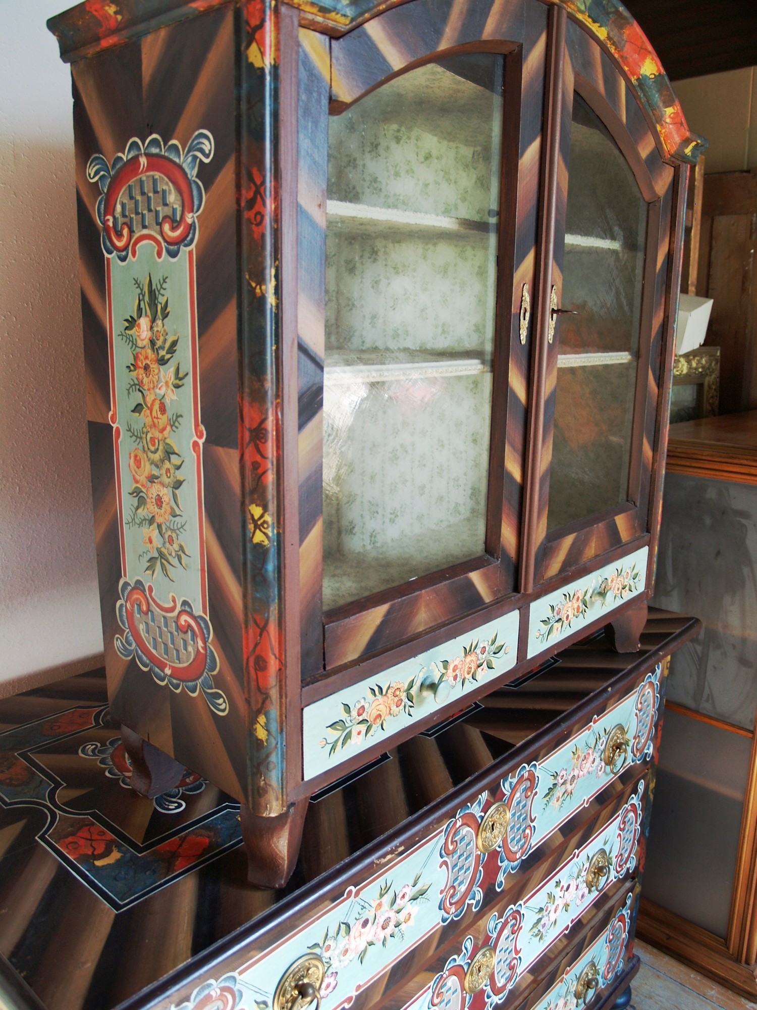 Bauernschrank antik Kommode Vitrine bemalt Barock blau Bauernkommode