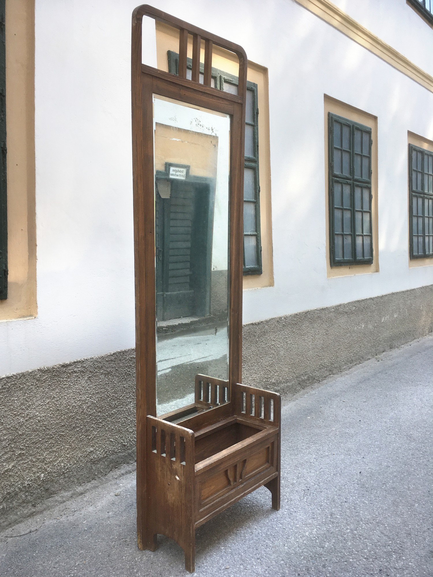 Jugendstil Spiegel Konsole Sitztruhe Nussholz antikes Möbel Truhenbank Garderobe Schrank