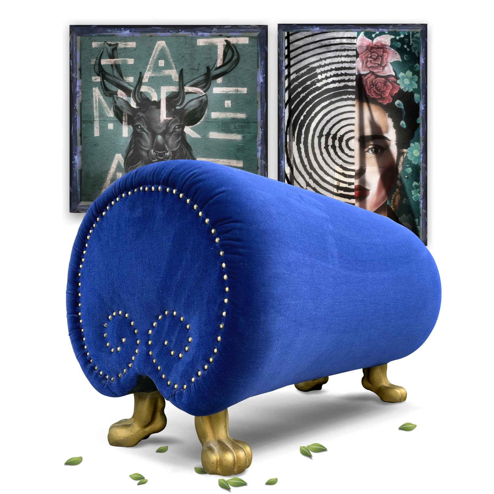 BRETZ Gaudi Hocker Fusshocker blau Velours Designklassiker Sitzhocker