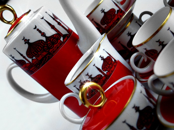 Kaffeeset Freiberger Porzellan Geschirr Vitntage rot Zwiebeltürme gold