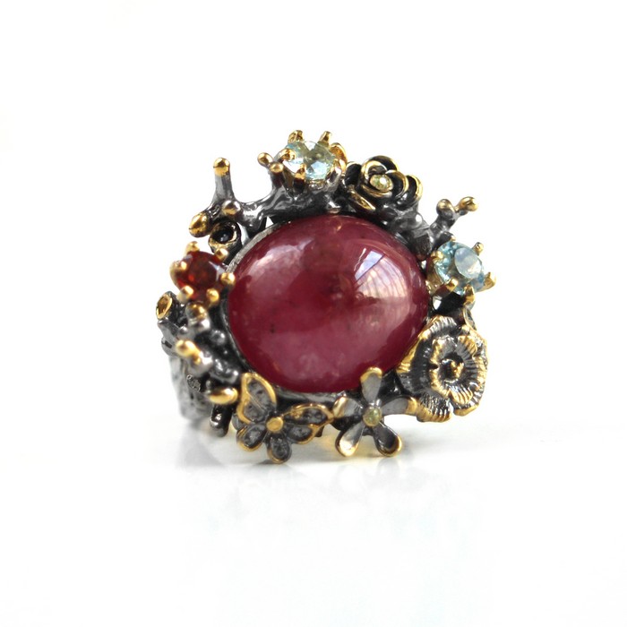 Ring 925 Silber Edelstein Rubin Blumen Schmetterling Ring 925 Silber Edelstein Rubin Blumen Schmetterling handgefertigt Steampunk