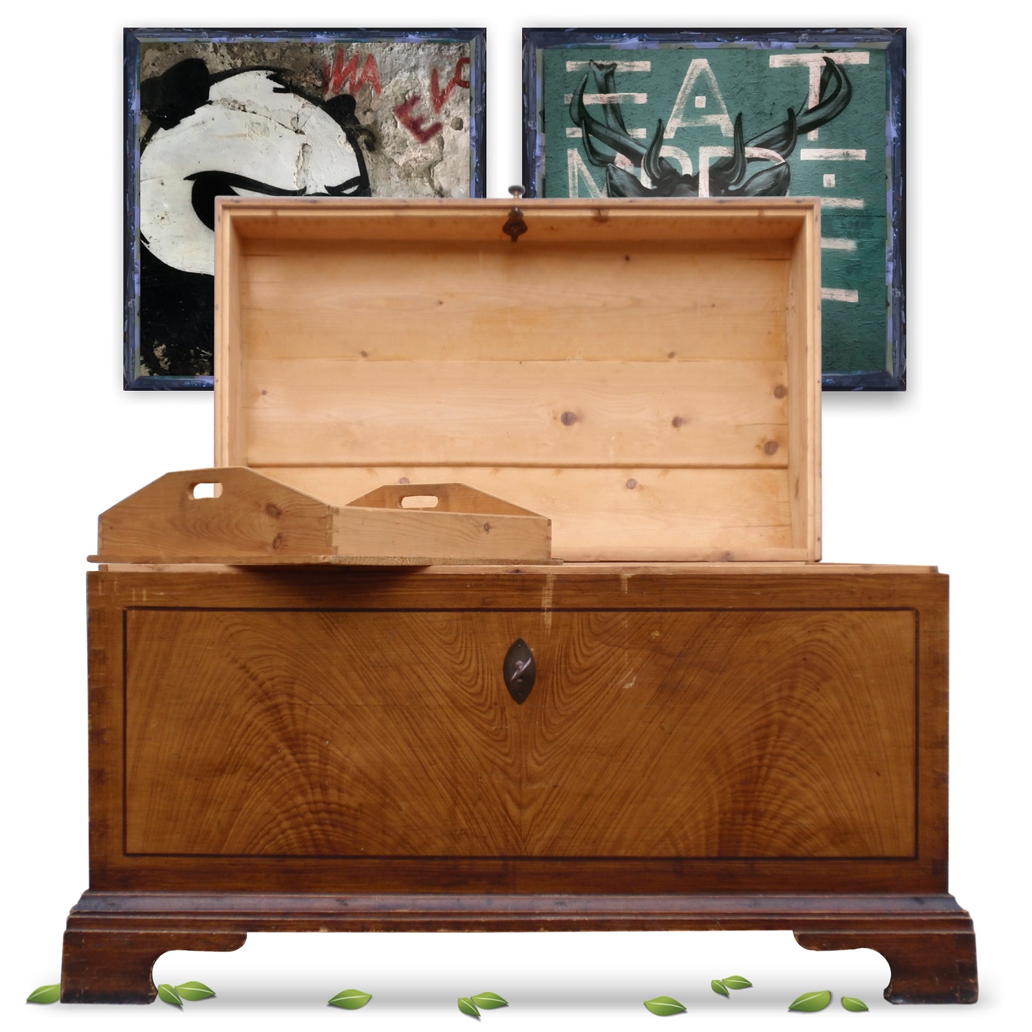 Truhe antik groß mit Runddeckel furniert mit Vollholz Einlegetablett Truhe antik Vollholz Barock furniert Holztablett Vintage