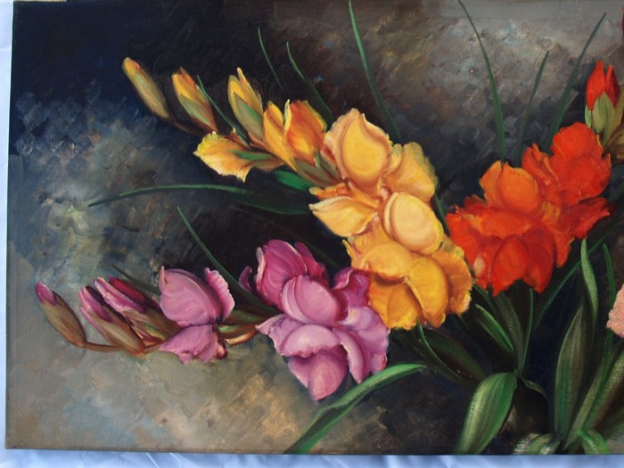 Ölbild vintage STilleben Blumen rosen gladiolen Öl auf Leinen antik rosa gelb grau