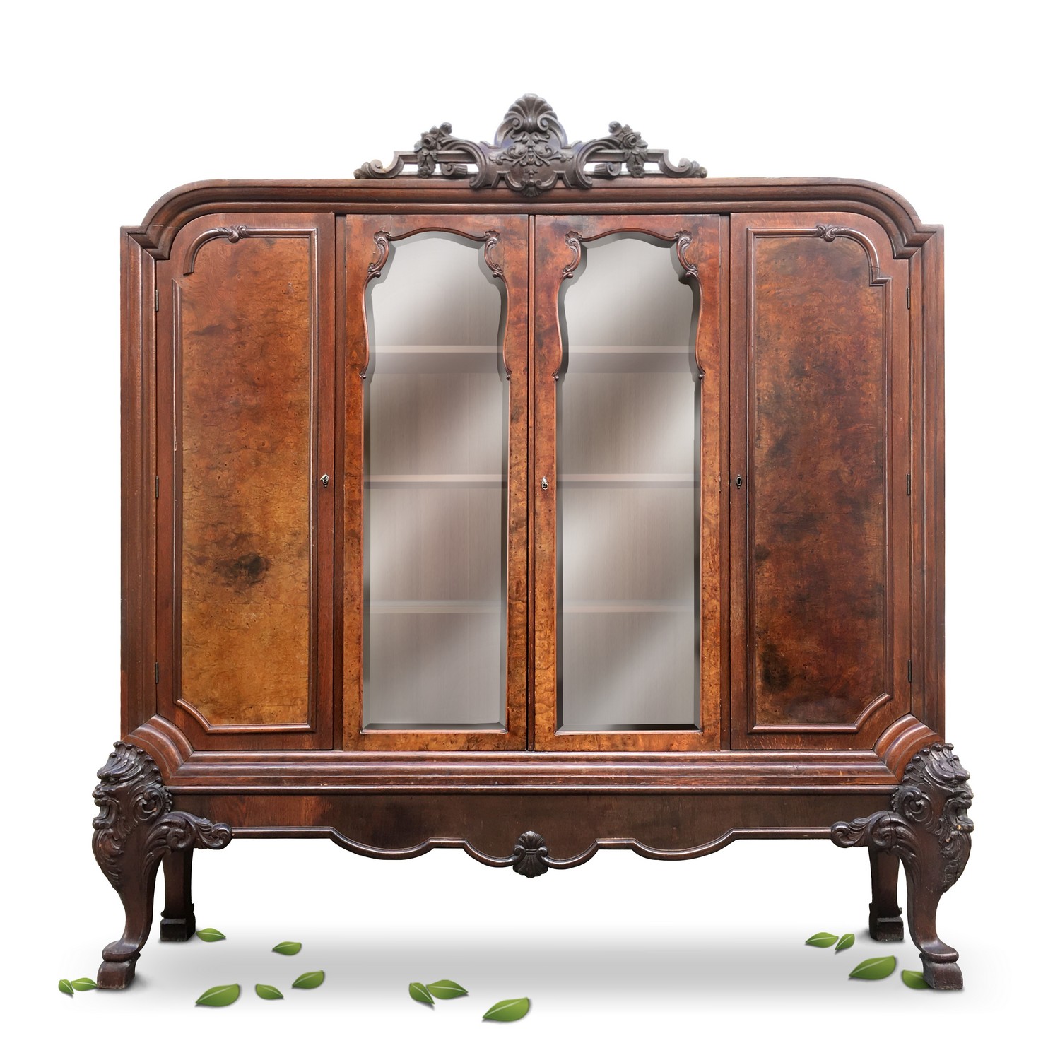 Bücherschrank antik Jugendstil Schrank Satyr Fratzen und Ziegenfüße Vitrinenschrank Bücherschrank Antiquität antik Möbel Satyr Fratze Faun Ziegenfüße Möbel