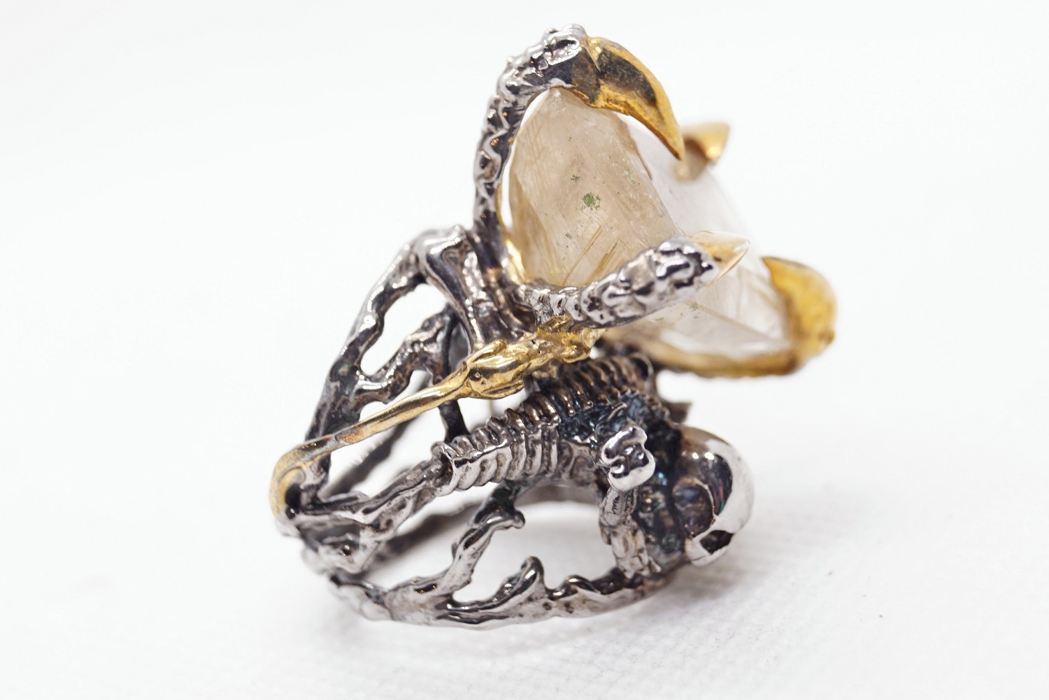 Totenkopf Ring 925 Silber Rutilquarz Edelstein Skelett handgefertigt