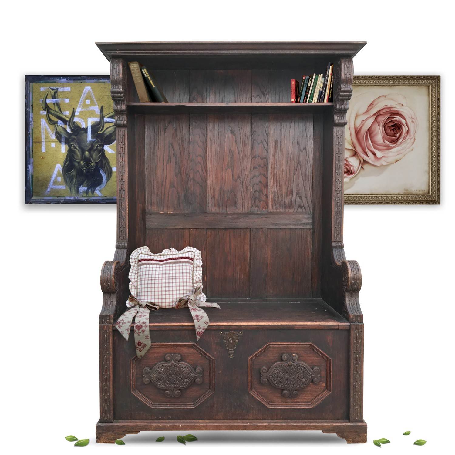 antike Truhenbank Jugendstil mit Regal Bibliotheksbank Bücherregal Schrank Schrank antik Truhe beschnitzt