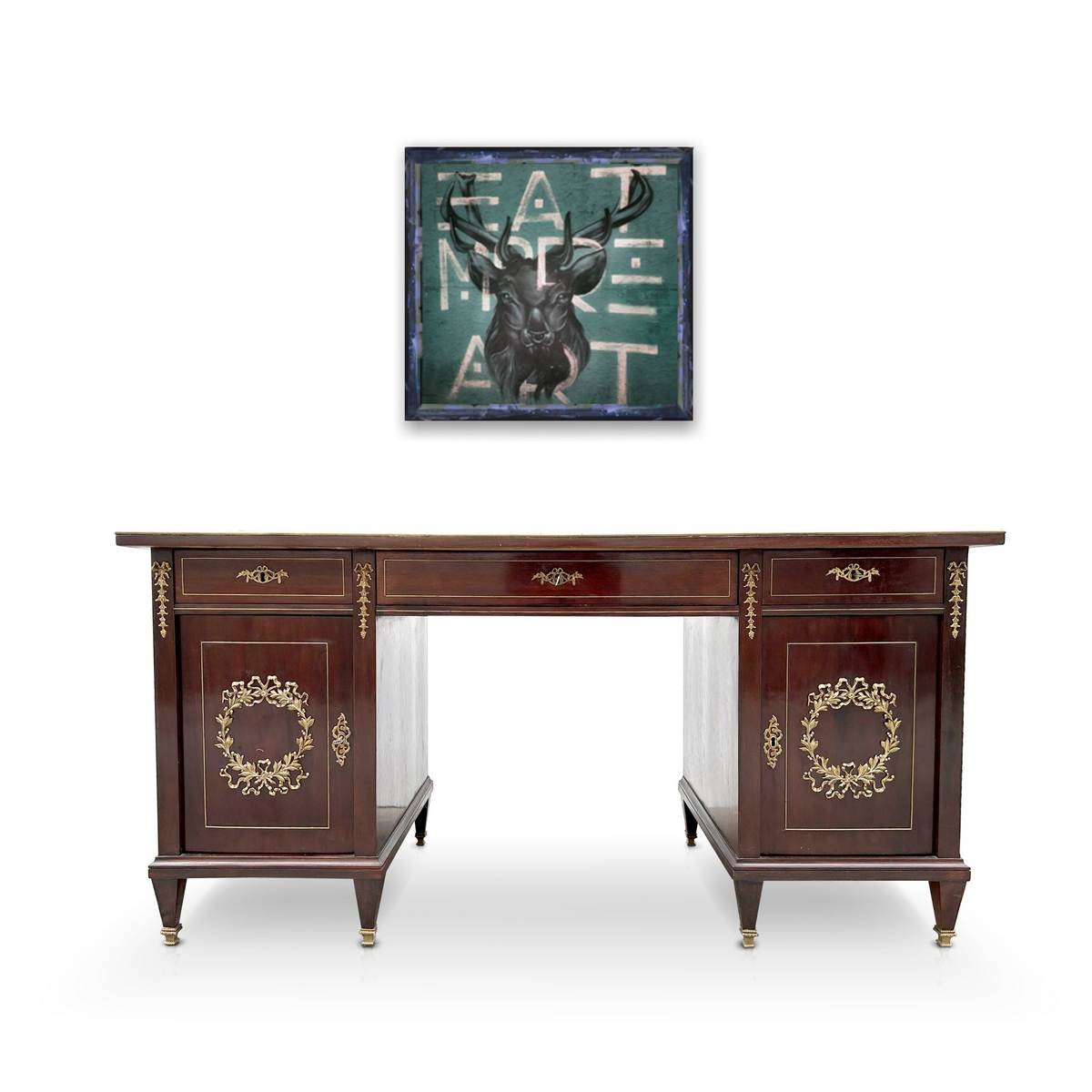 Eleganter Empire Schreibtisch Mahagoni Lederplatte & Messing Empire Schreibtisch