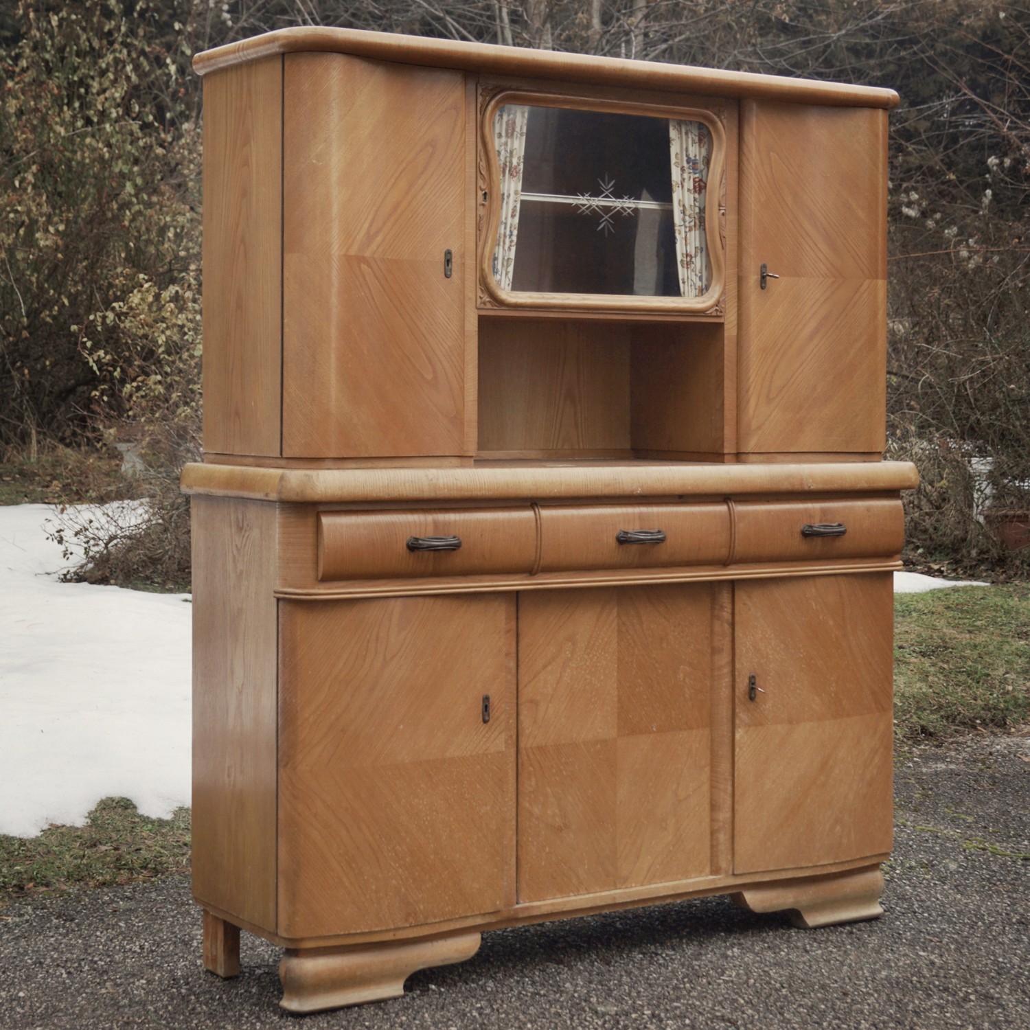 Küchenschrank Vintage Midcentury Küche Schütten Schüttenregal antik Vollholz Rundbau Möbel