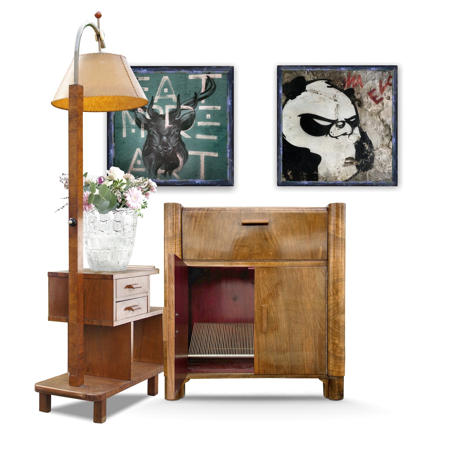 antiker Musikschrank 1940er-Jahre Antiquität Kommode Artdeco Plattenspielerschrank Vintage Design Brutalismus Holz Furnier