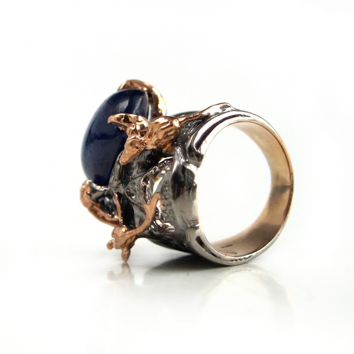 TOTENKOPF 925 Silber Ring blau Saphir HANDARBEIT vergoldete Mäuse