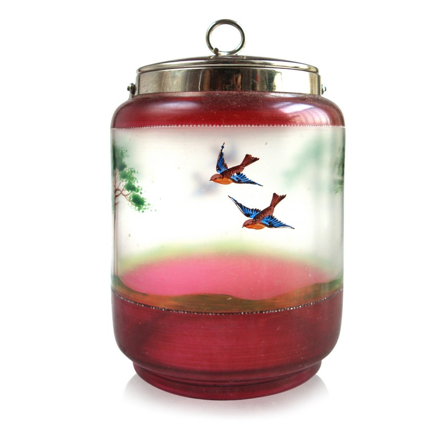 Jugendstil Glas Keksdose antik vögel rot
