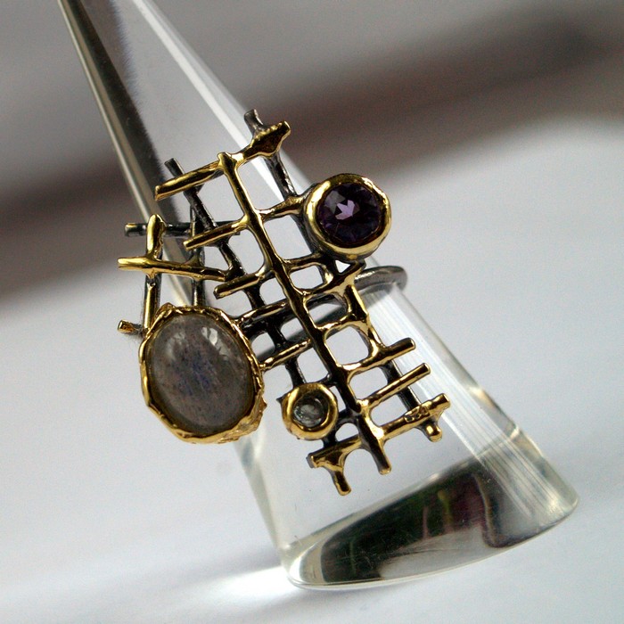 Ring 925 Silber Edelstein Labradorit Amethyst handgefertigte
