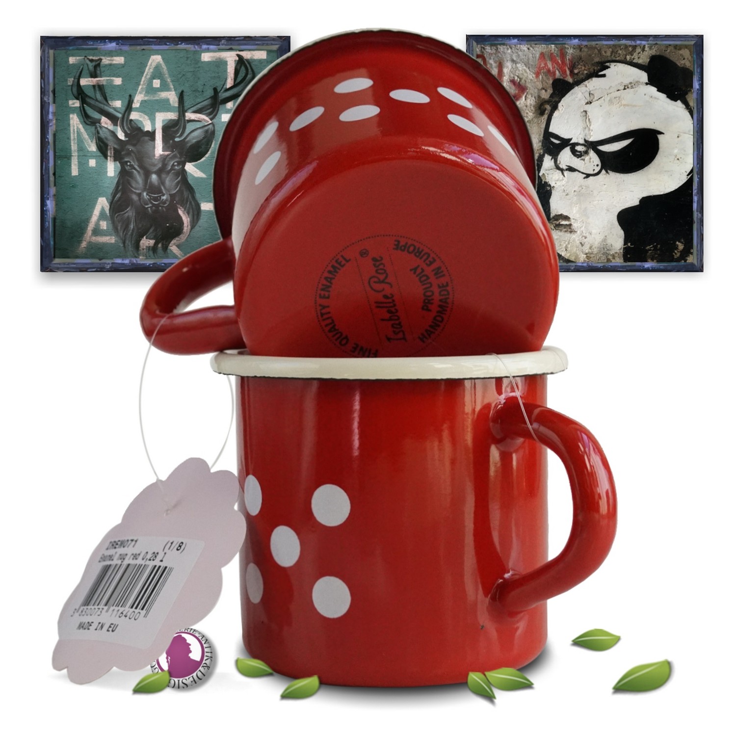 Campingbecher Emaille Tasse creme rot punkte Landhausstil Geschirr Almhütte Shabby Chic
