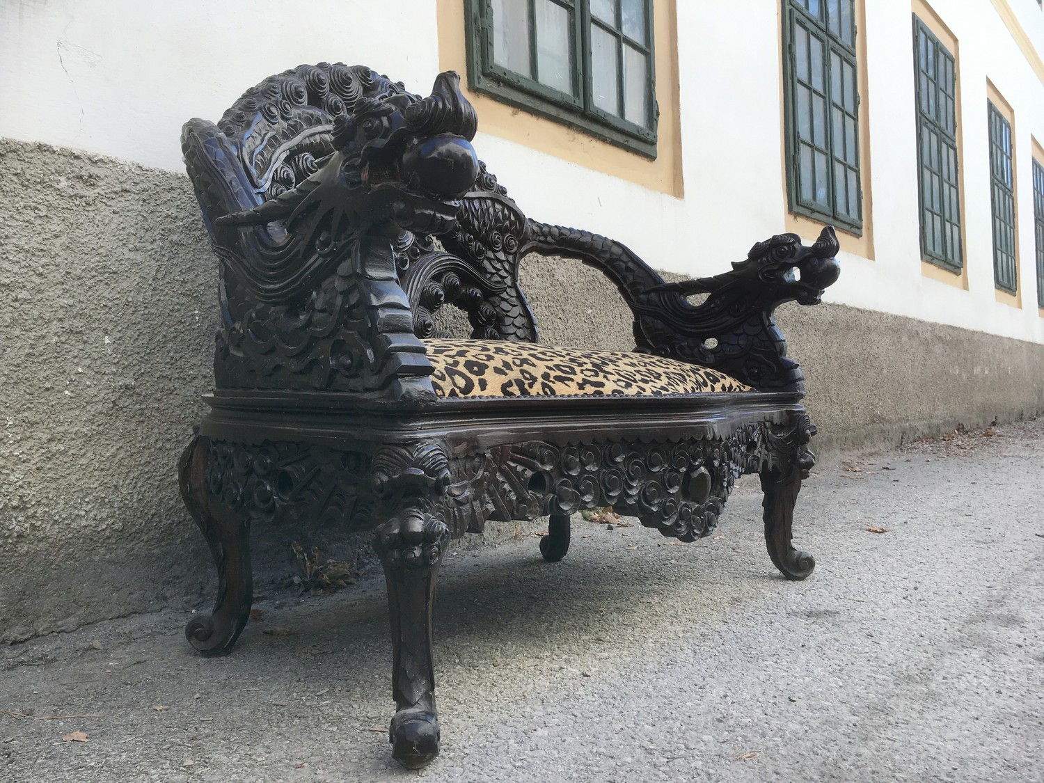 Antique Chinese Qing Dynasty Carved Rosewood Dragon Loveseat/Sofa/Bench, Circa 1890