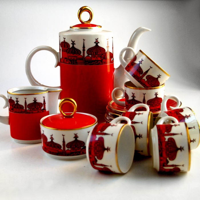 Kaffeeset Freiberger Porzellan Geschirr Vitntage rot Zwiebeltürme gold