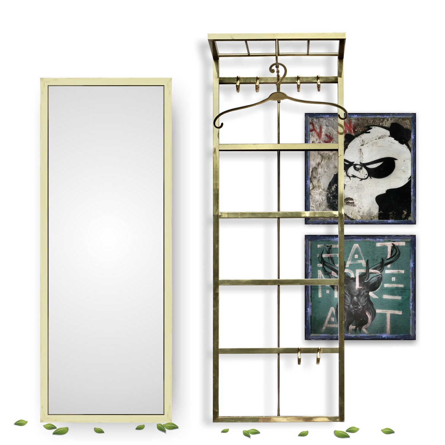 Garderobe Messing Wandgarderobe Vintage mit Hutablage und Spiegel 2-teilig Garderobe Vintage Messing antik Jugendstil