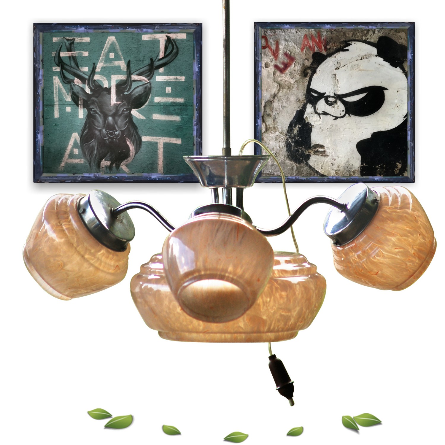 Hängelampe Original Art Deco vierflammig Luster Leuchter marmorierte Glasschirme Hängelampe Original Art Deco vierflammig Luster Leuchter marmorierte Glasschirme