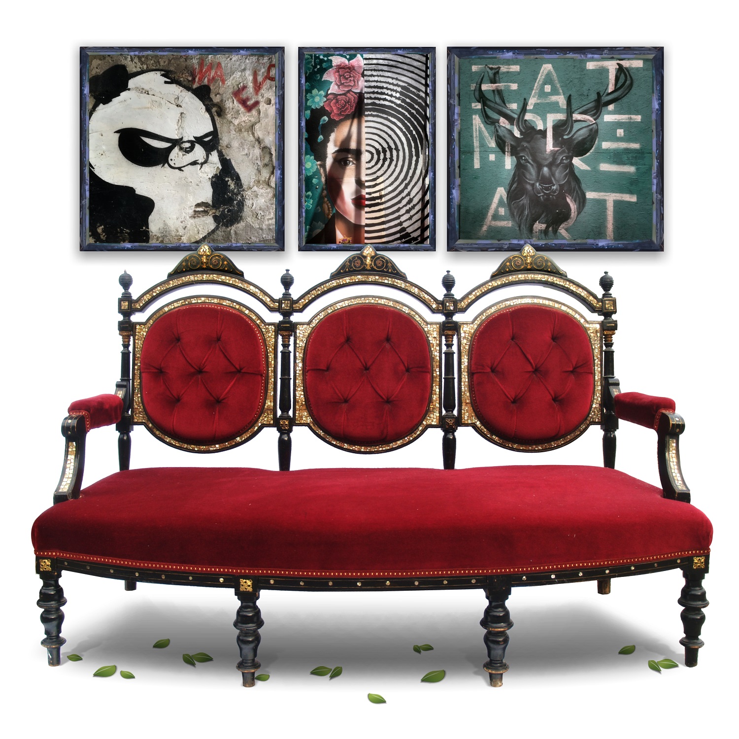 Antikes Sofa Intarsien Antikes Sofa rot noir Knopfheftung Viktorianisch Säulen Büro Möbel Barock Medaillonlehnen