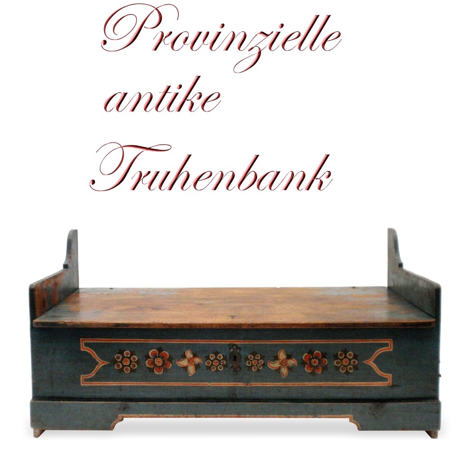 Bäuerliche Betttruhe, antike Bauerntruhe mit Bemalung Weichholz Bettruhe bemalt