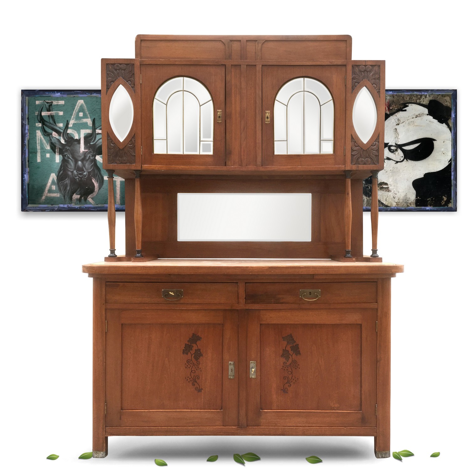 Anrichte Kredenz Jugendstil Marmorplatte Pfeilerschrank "Kirschen" Relief Jugendstil Schrank ArtNouveau secessionistisch Kredenz Vitrine antik Kirschen beschnitzt Jugendstil