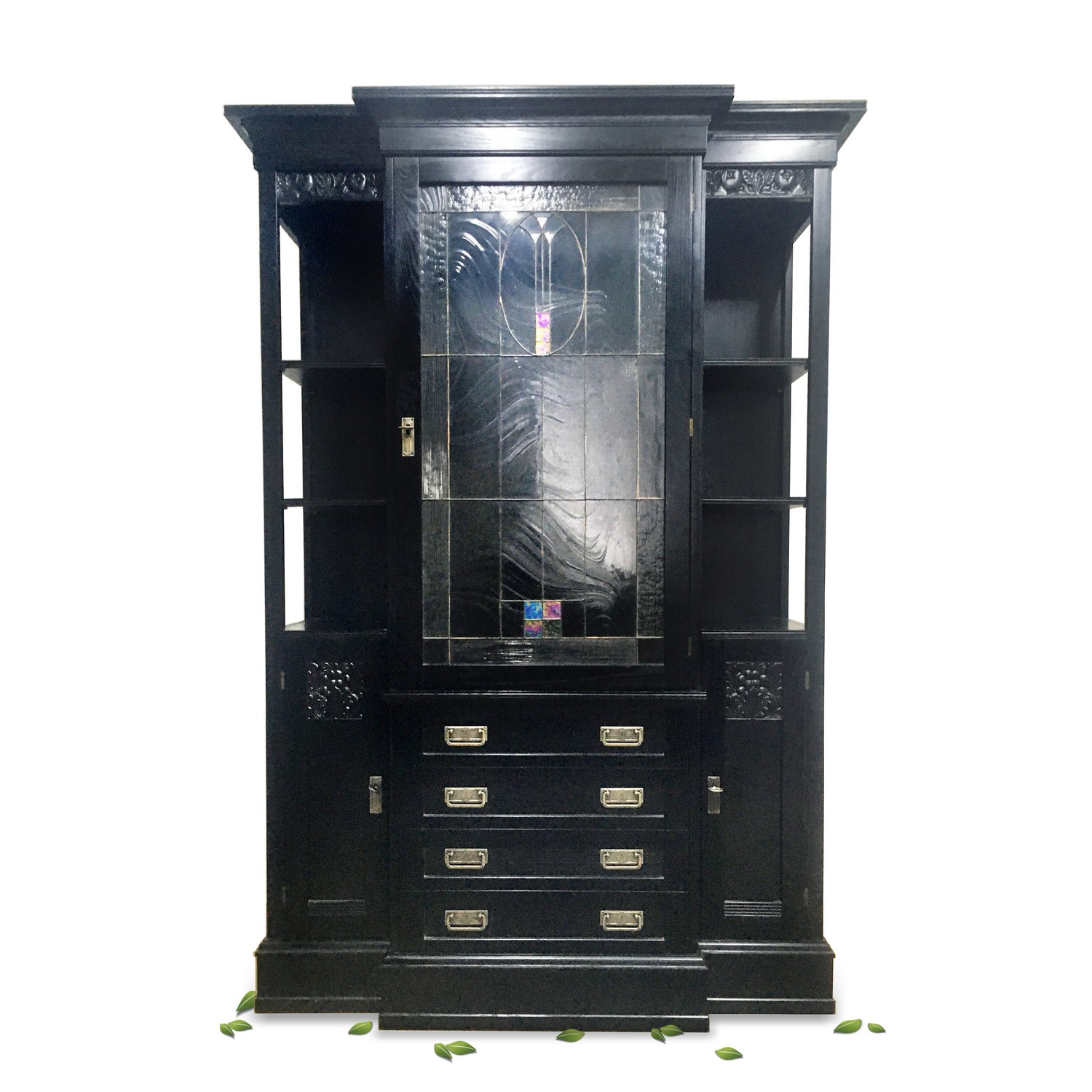 Schrank Jugendstil Buffet dreiteilig Anrichte schwarz Bleiverglasung Selva