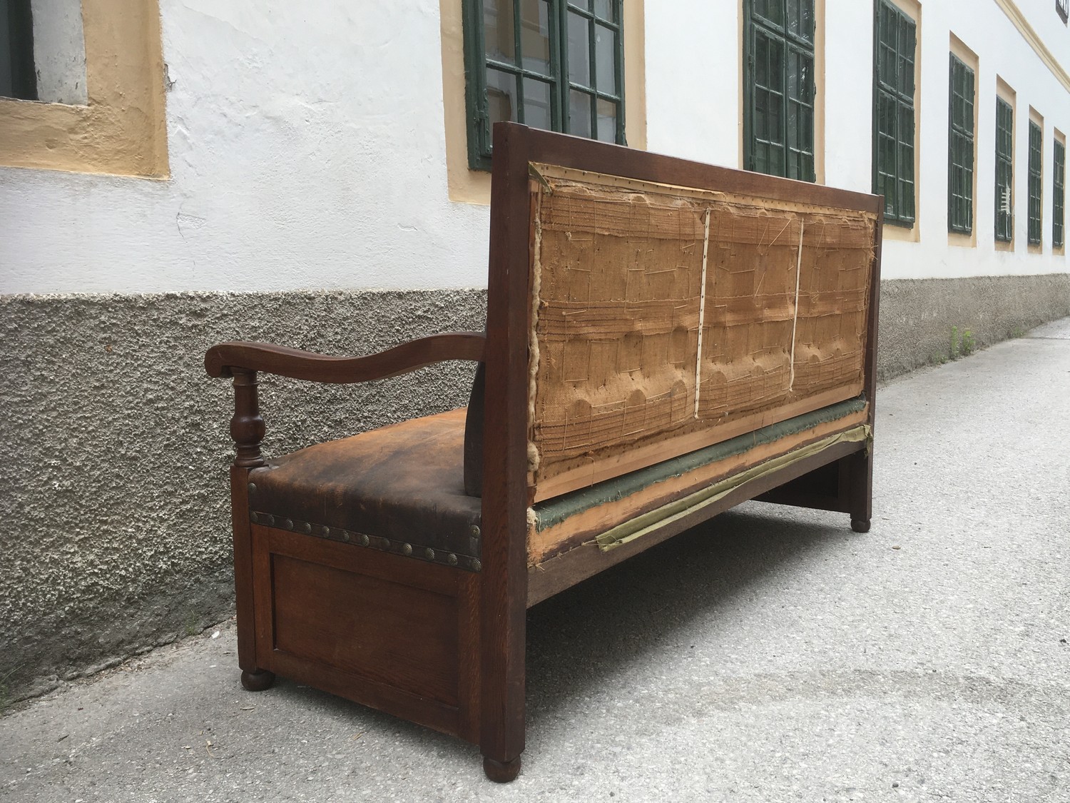 Jugendstil Sitzbank Sofa groß Eiche massiv Leder braun antik