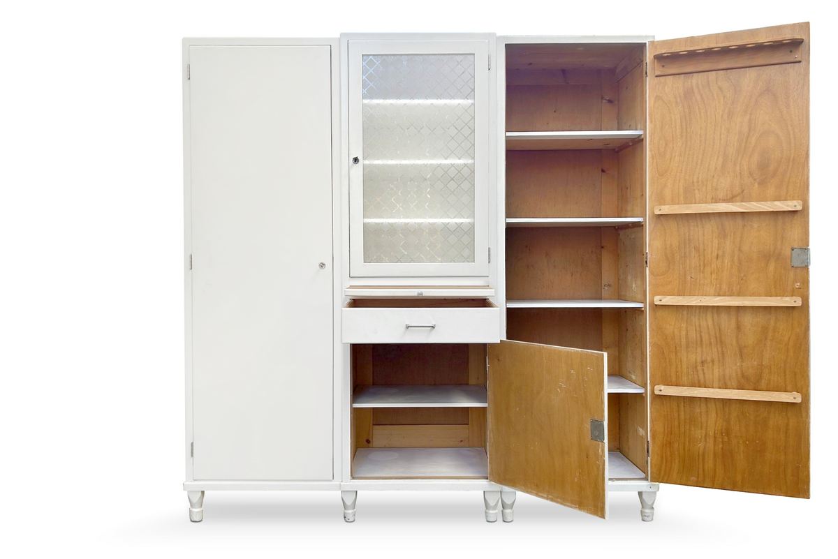 küchenschrank antiker Vorratsschrank Vintage Küchenmöbel Keramikschüttenregal creme MidCentury Deutschland