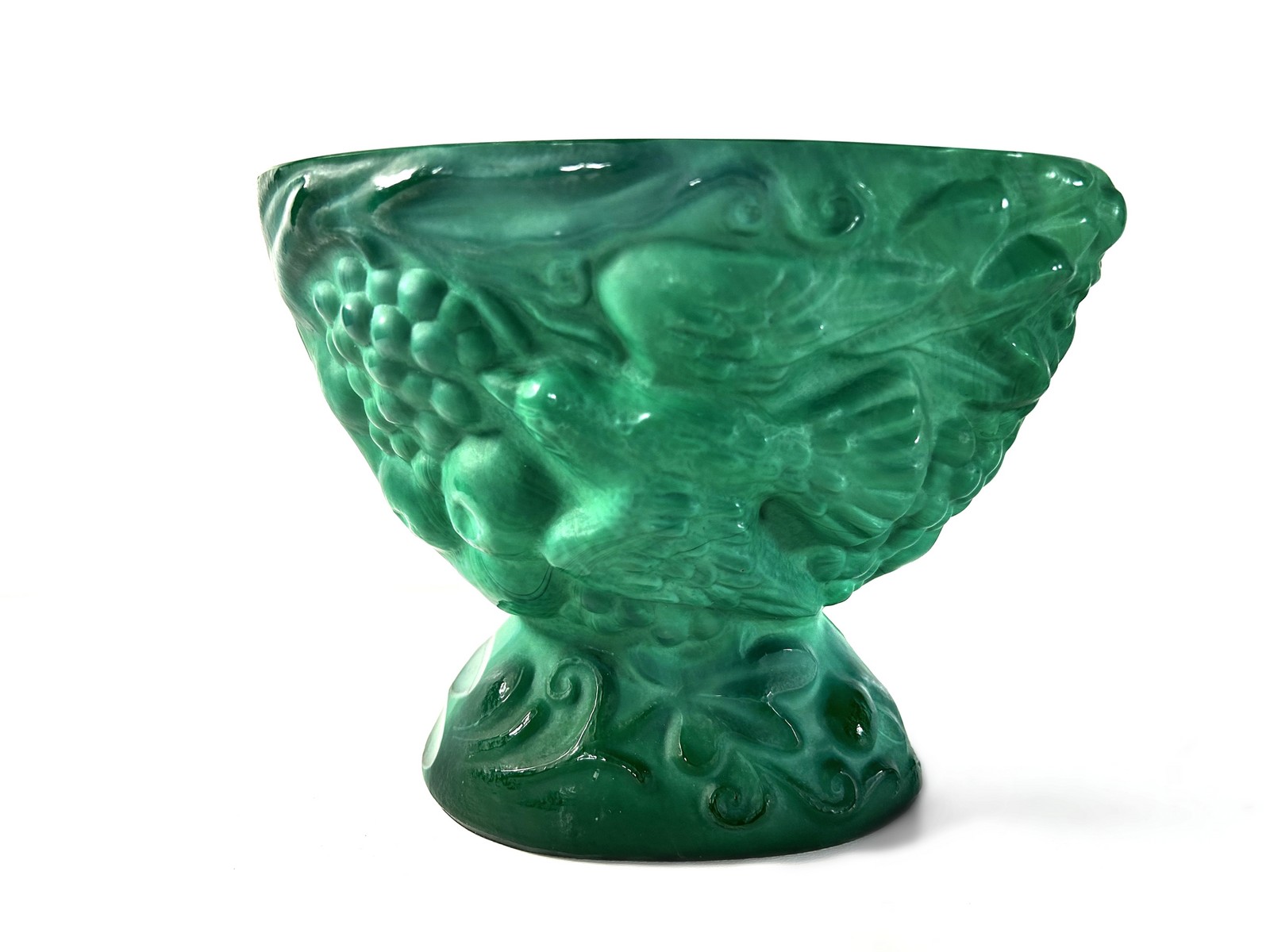 Schale Malachitglas schwer Frantisek Halama Vögel ca. 1930 Schale Malachitglas schwer Frantisek Halama Vögel ca. 1930